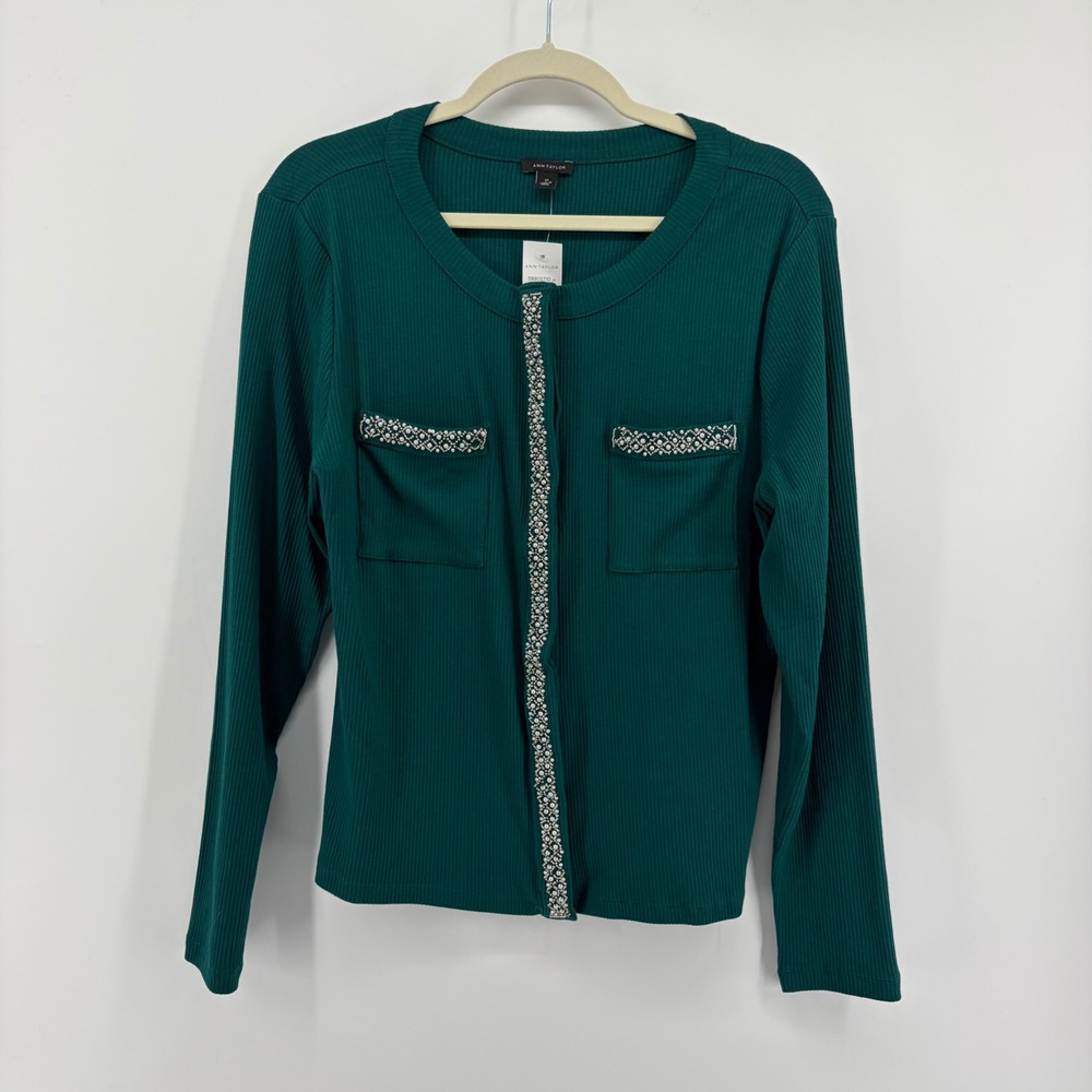 Ann Taylor Cardigan Dark Green Womens XL Ribbed Knit Embroidered Trim‎ NWT